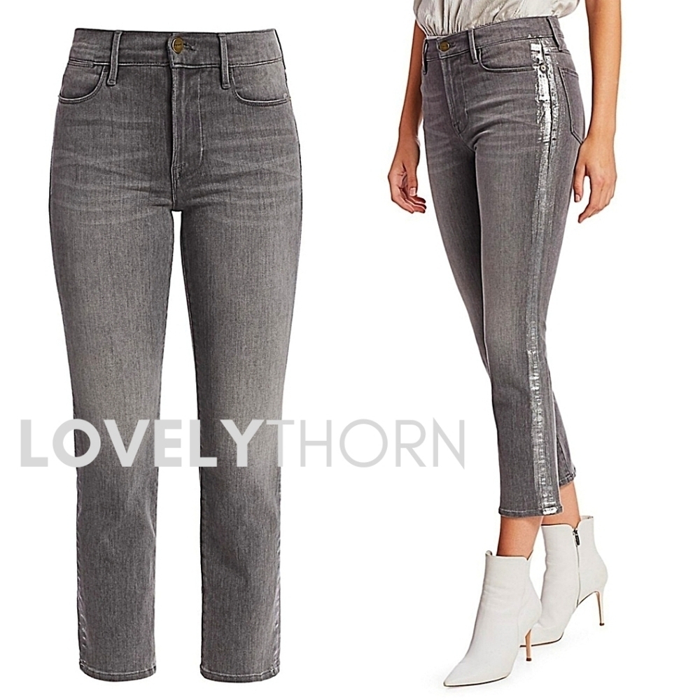 FRAME // le high straight leg foil tuxedo stripe crop grey jeans - Picture 5 of 16